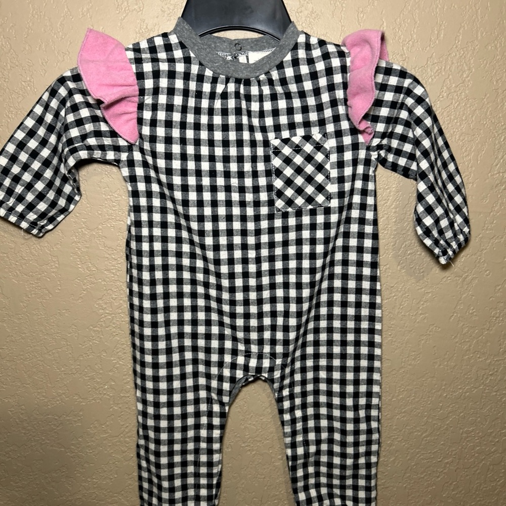 Miki Miette Black and White Checkered Baby Romper with Pink Accents 18 Mo